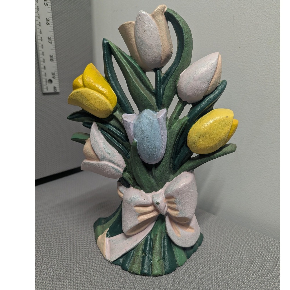 Vintage Cast Iron Tulip Bouquet Doorstop Pastel Floral Decorative Bookend Taiwan